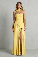 Marielle | Strapless Scarf-Neck High-Split Maxi Dress in Yellow