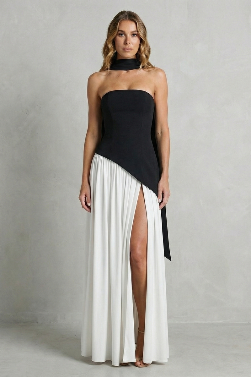 Marielle | Strapless Scarf-Neck High-Split Maxi Dress