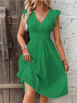 Jemima | Broderie Wrap V-Neck Midi Dress in Green