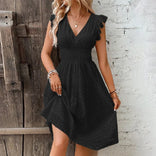 Jemima | Broderie Wrap V-Neck Midi Dress in Black