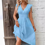Jemima | Broderie Wrap V-Neck Midi Dress in Blue