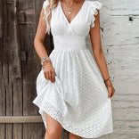 Jemima | Broderie Wrap V-Neck Midi Dress in White