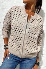Elise | Chic Hole-Pattern Knit Zipper Cardigan in Beige