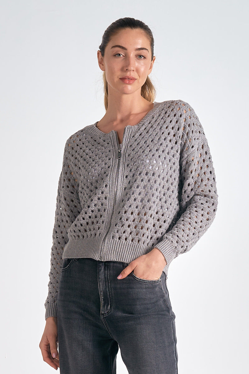 Elise | Chic Hole-Pattern Knit Zipper Cardigan