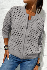 Elise | Chic Hole-Pattern Knit Zipper Cardigan in Gray