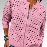 Elise | Chic Hole-Pattern Knit Zipper Cardigan in Pink