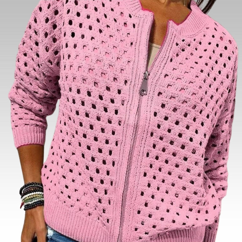 Elise | Chic Hole-Pattern Knit Zipper Cardigan