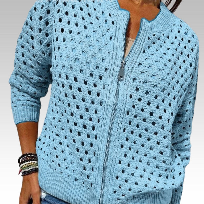 Elise | Chic Hole-Pattern Knit Zipper Cardigan