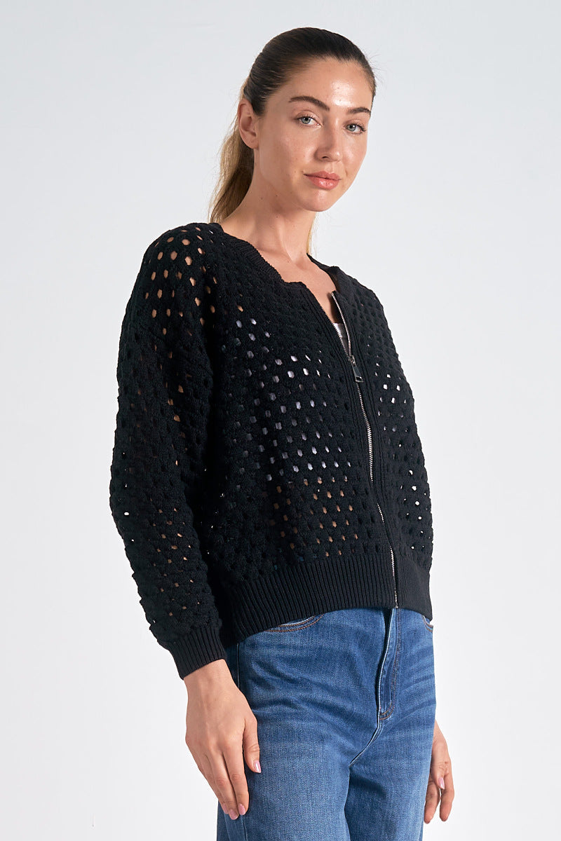 Elise | Chic Hole-Pattern Knit Zipper Cardigan