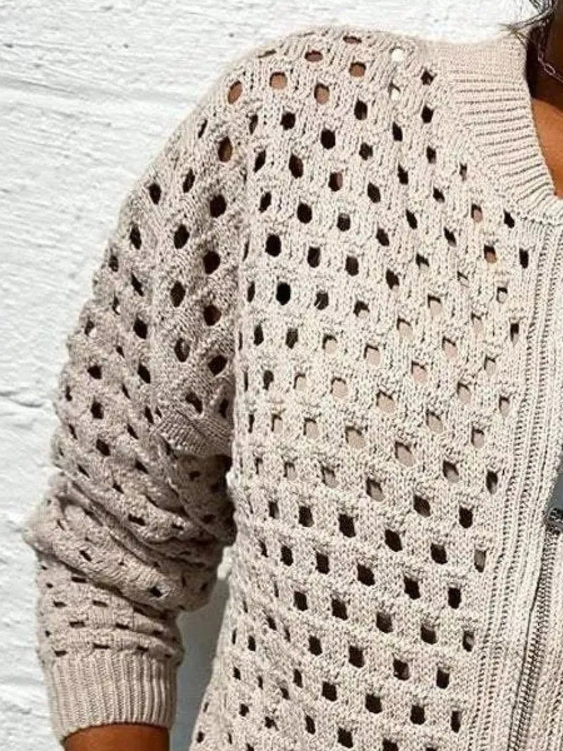 Elise | Chic Hole-Pattern Knit Zipper Cardigan