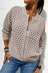 Elise | Chic Hole-Pattern Knit Zipper Cardigan in Khaki
