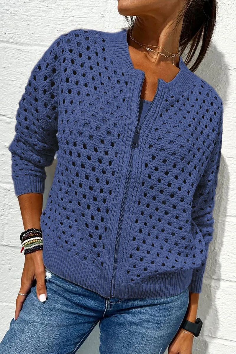 Elise | Chic Hole-Pattern Knit Zipper Cardigan