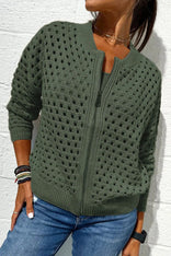 Elise | Chic Hole-Pattern Knit Zipper Cardigan in Army Green