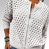 Elise | Chic Hole-Pattern Knit Zipper Cardigan in White