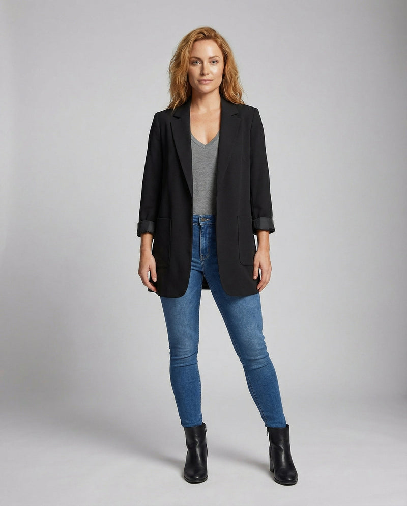 Women's Long Blazer – Open Front Longline – Relaxed Tailored Layering Australia