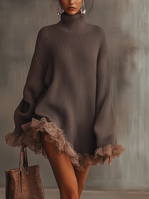 Celine Women's Ruffled Oversized Knit Sweater Dress in Brown