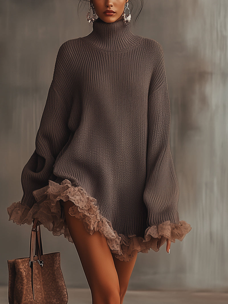 Celine Women's Ruffled Oversized Knit Sweater Dress in Brown