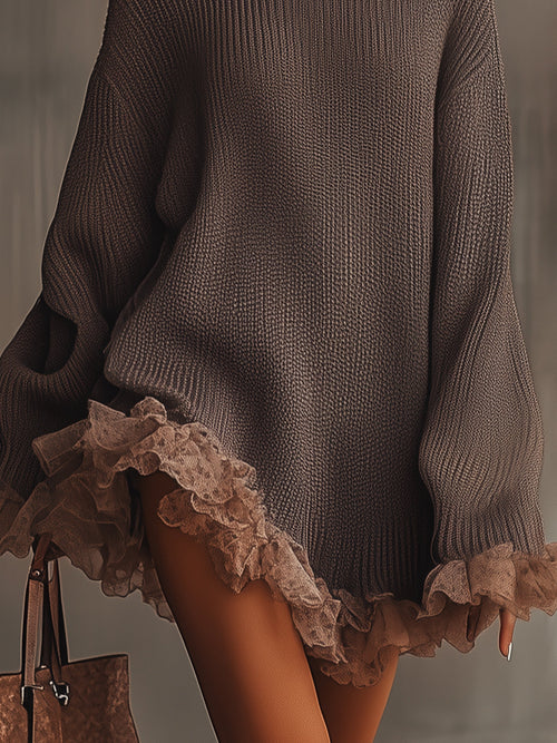 Celine Women's Ruffled Oversized Knit Sweater Dress in Brown