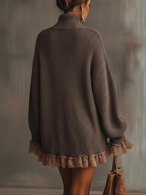 Celine Women's Ruffled Oversized Knit Sweater Dress in Brown