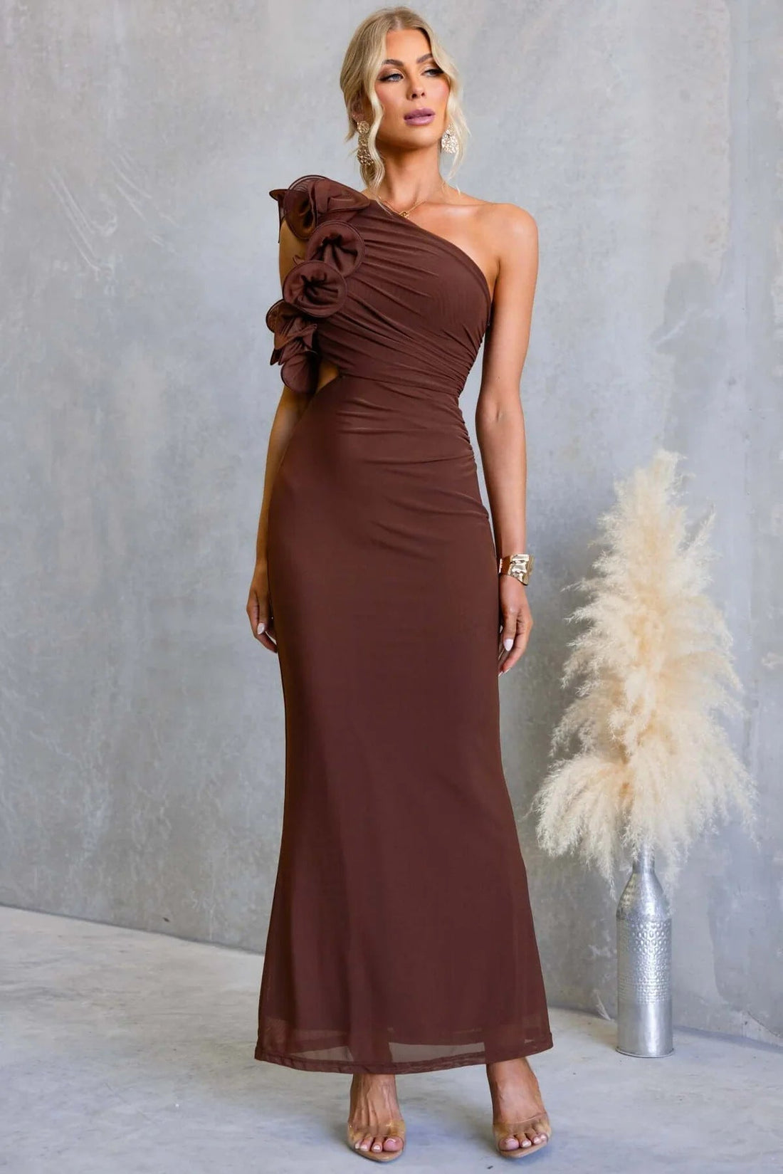 Evelyn | One-Shoulder Ruffle Ruched Cut-Out Maxi Dress