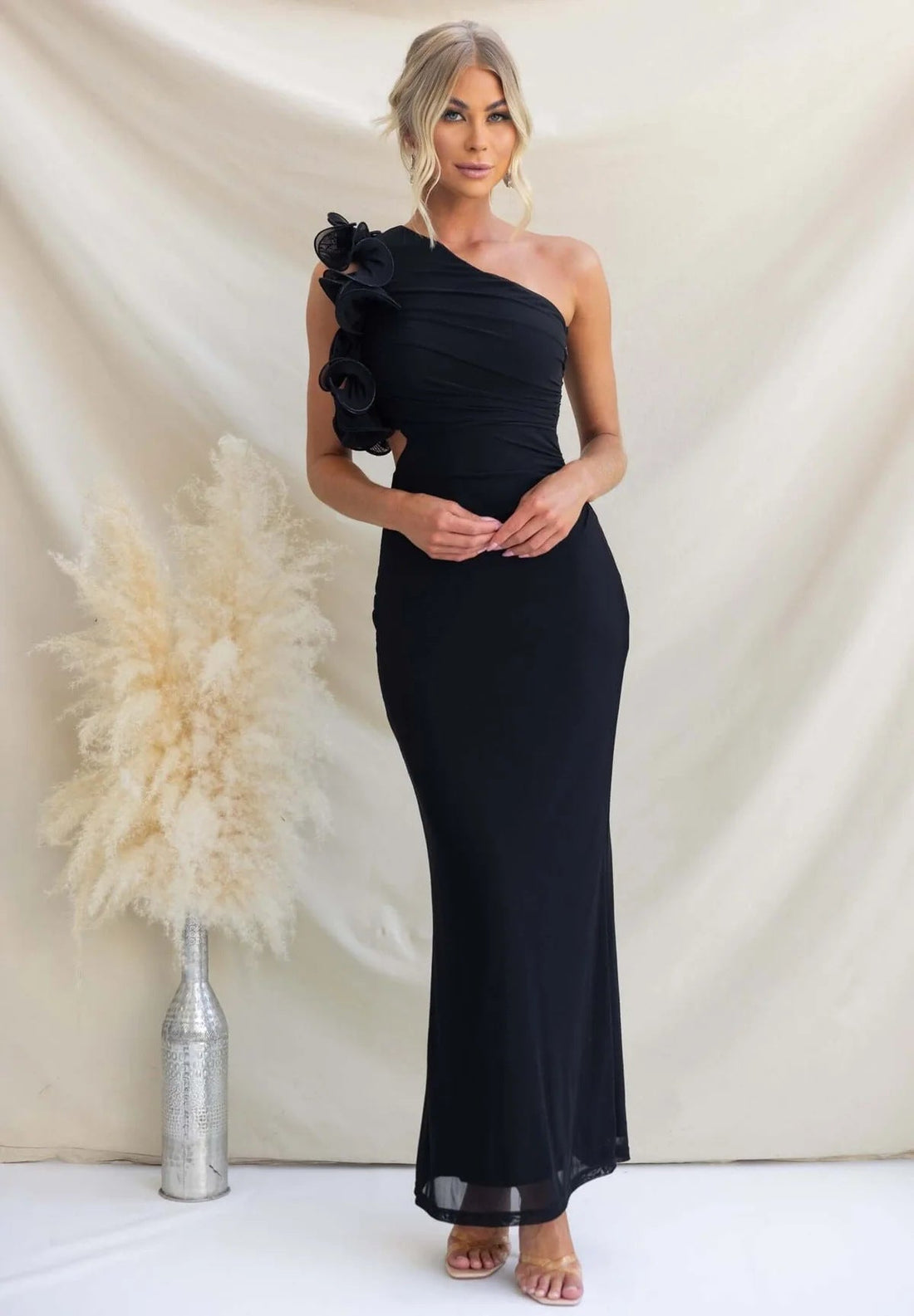 Evelyn | One-Shoulder Ruffle Ruched Cut-Out Maxi Dress