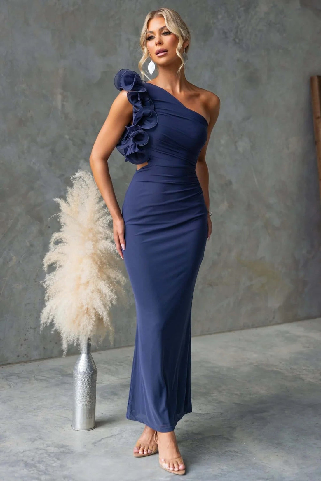 Evelyn | One-Shoulder Ruffle Ruched Cut-Out Maxi Dress