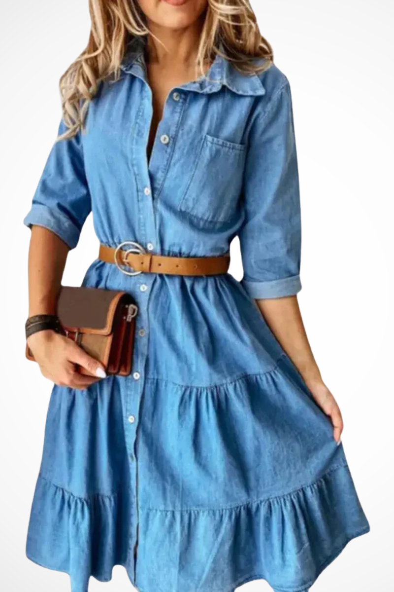 Fleur | Belted Button-Front Tiered Shirt Midi Dress