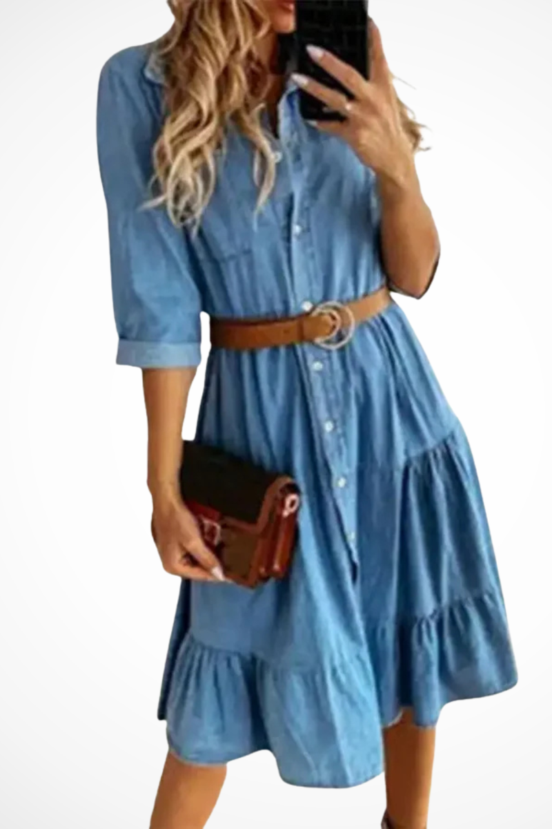 Fleur | Belted Button-Front Tiered Shirt Midi Dress