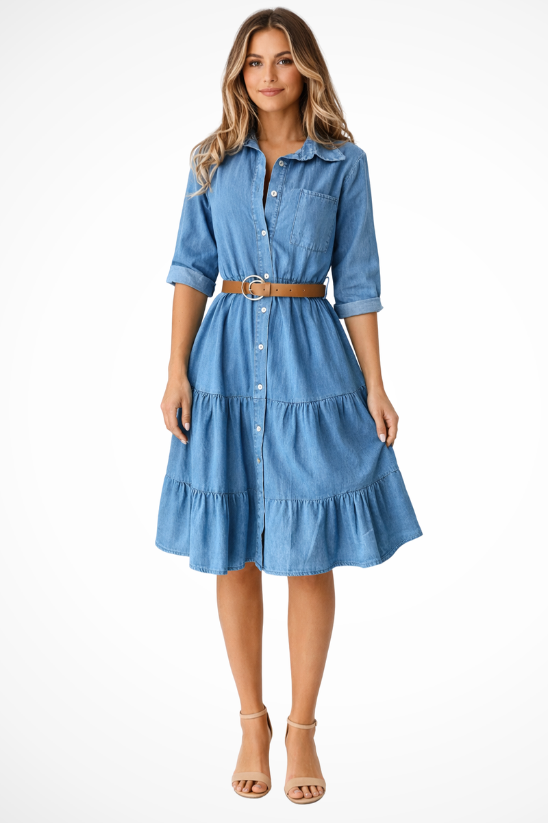 Fleur | Belted Button-Front Tiered Shirt Midi Dress