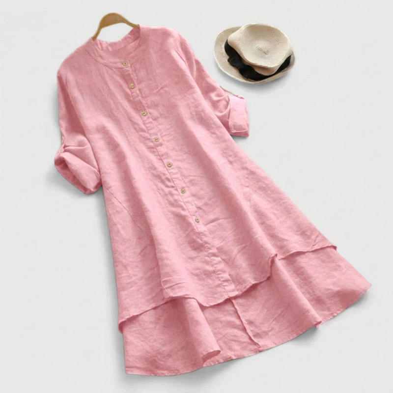 Freya | Band Collar Button-Front Layered Hem Midi Dress