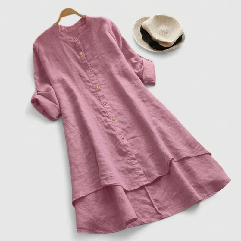 Freya | Band Collar Button-Front Layered Hem Midi Dress