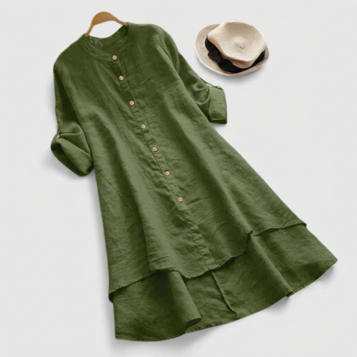 Freya band collar button-front layered hem midi dress