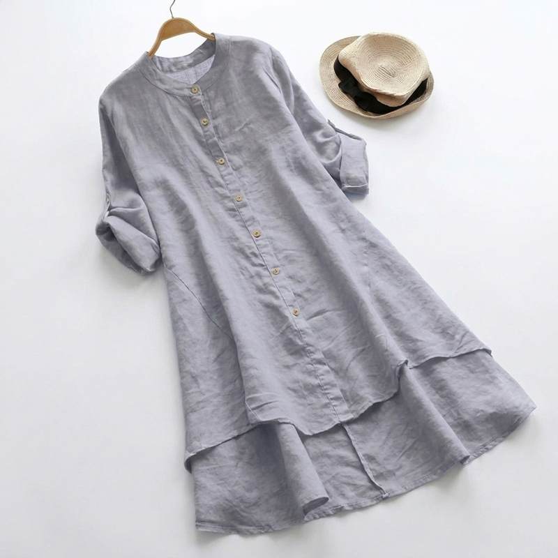 Freya | Band Collar Button-Front Layered Hem Midi Dress