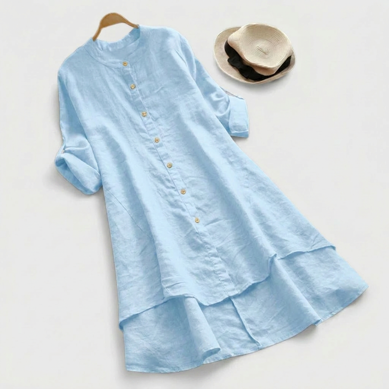 Freya | Band Collar Button-Front Layered Hem Midi Dress