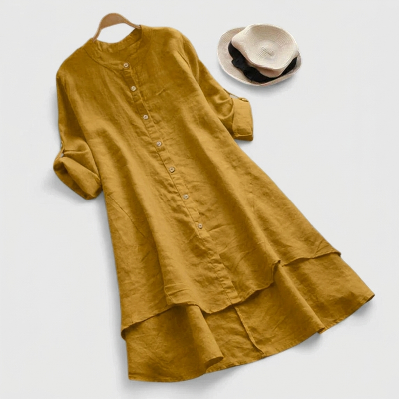 Freya | Band Collar Button-Front Layered Hem Midi Dress
