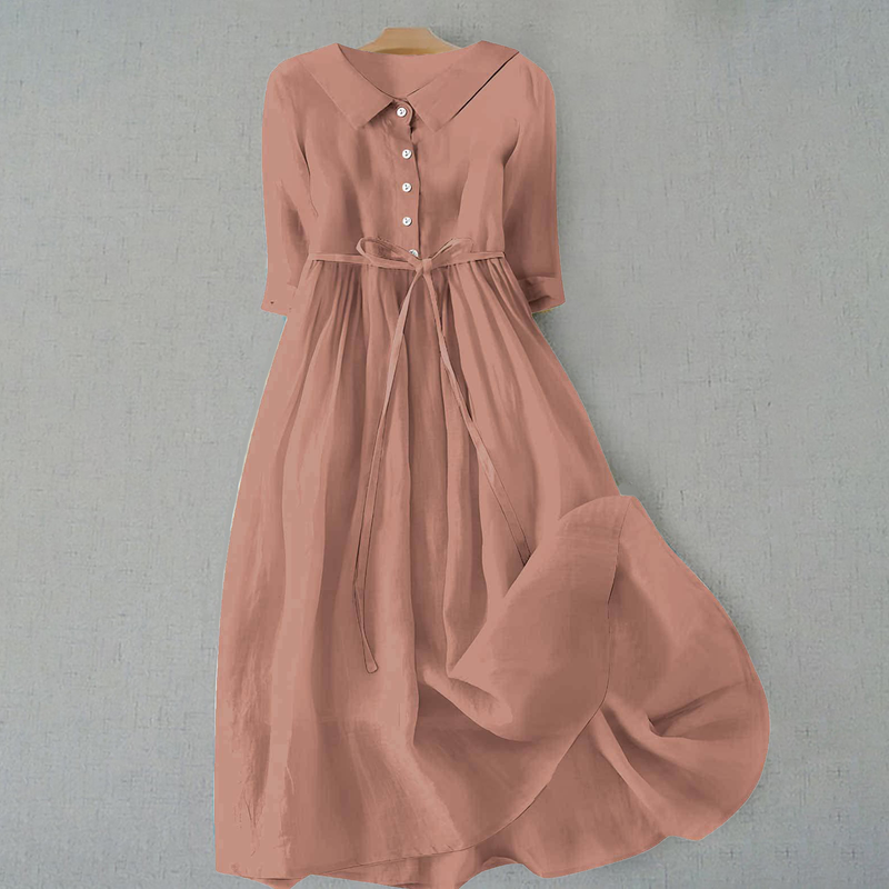 Hazel | Collared Button Placket Tie-Waist Midi Dress