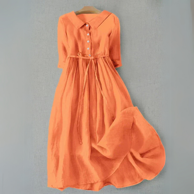 Hazel | Collared Button Placket Tie-Waist Midi Dress
