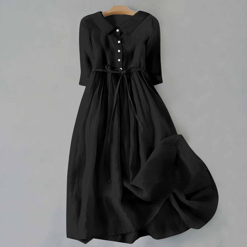 Hazel | Collared Button Placket Tie-Waist Midi Dress