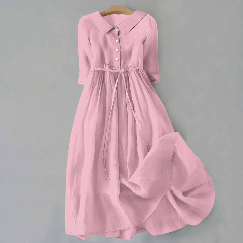 Hazel | Collared Button Placket Tie-Waist Midi Dress