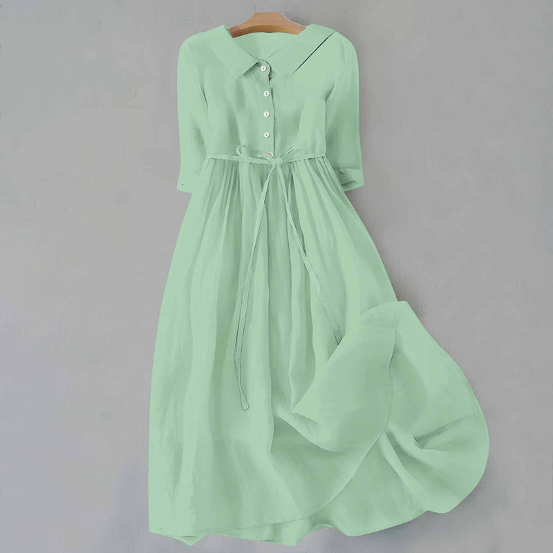 Hazel | Collared Button Placket Tie-Waist Midi Dress