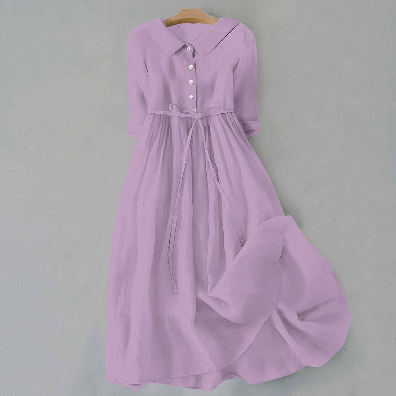 Hazel | Collared Button Placket Tie-Waist Midi Dress