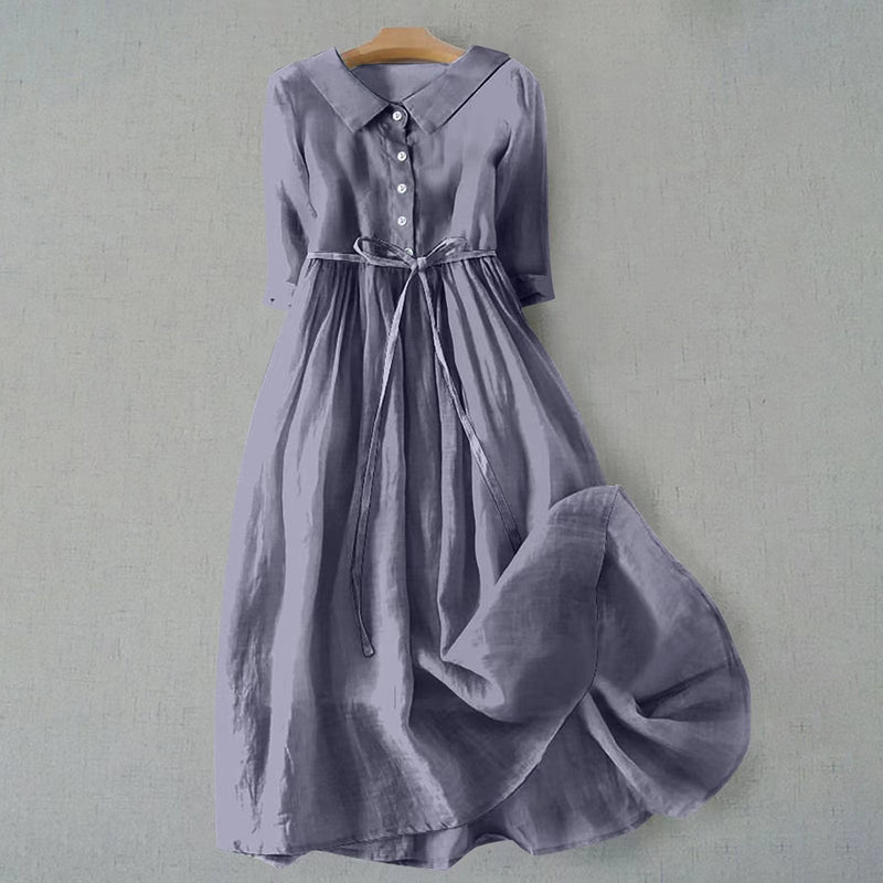 Hazel | Collared Button Placket Tie-Waist Midi Dress
