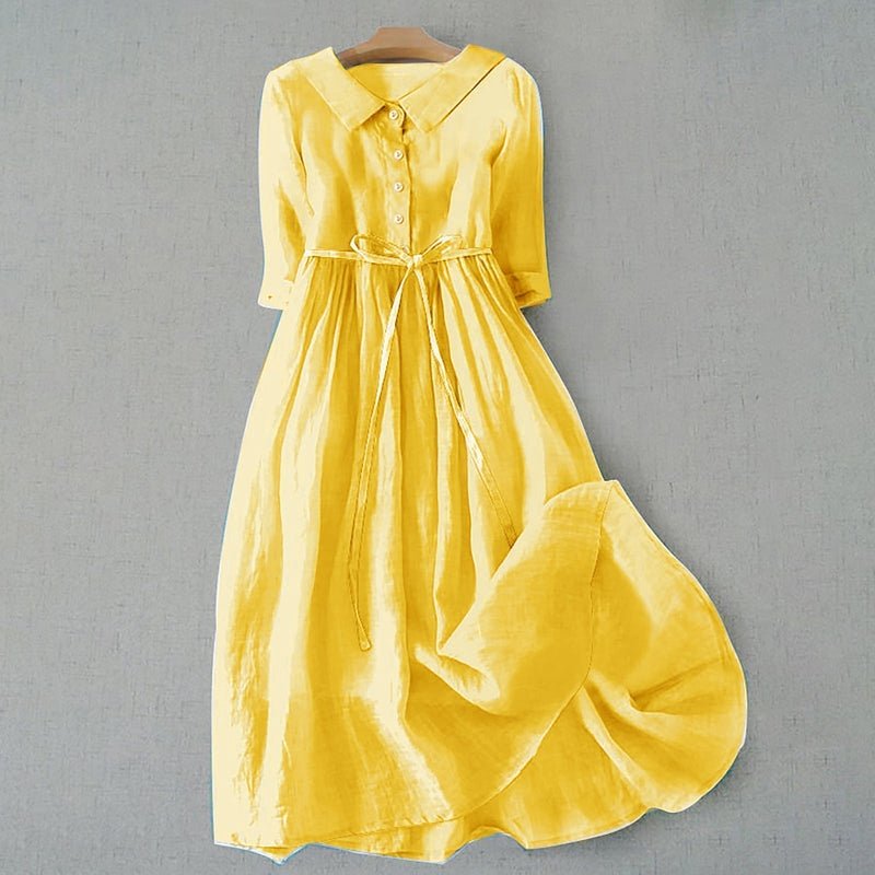 Hazel | Collared Button Placket Tie-Waist Midi Dress