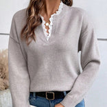 Maya | Lace Trimmed V-Neck Sweater in Beige