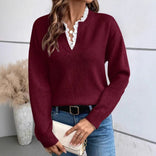 Maya | Lace Trimmed V-Neck Sweater in Chestnut brown