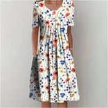 Liliana | Pleated Front Relaxed A-Line Midi Dress in Floral Red