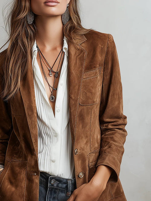 Women's Faux Suede Blazer – Tailored Button-Front – Autumn Winter Australia