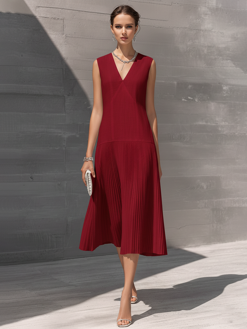 Lorena | V-Neck Drop-Waist Pleated Midi Dress