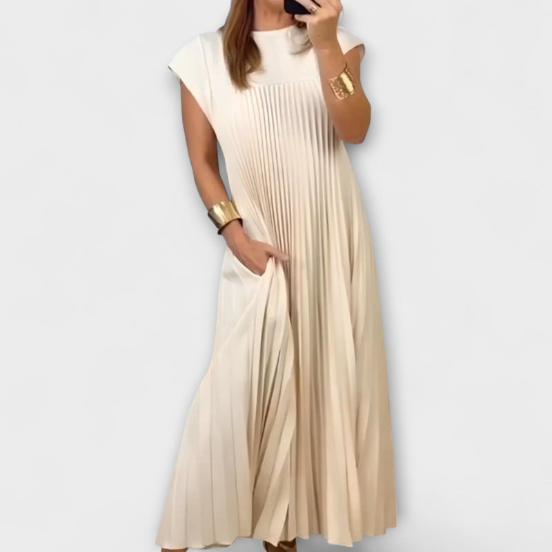 Louisa | Round Neck Pleated Yoke Relaxed Maxi Dress