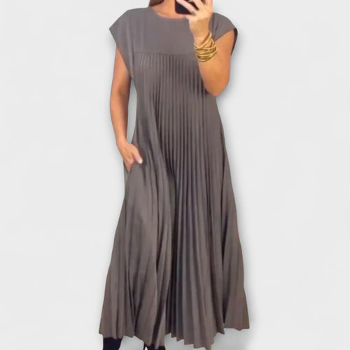 Louisa round neck pleated yoke relaxed maxi dress